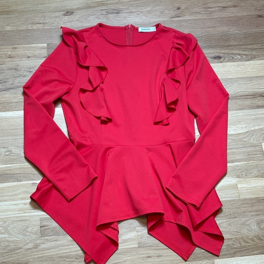 Jasambac Chic Red Ruffle Long Sleeve Peplum Style Blouse Women’s L
